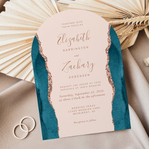 Modern Teal Rose Gold Agate Blush Arch Wedding Invitation