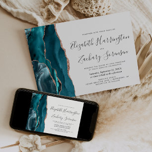 Modern Teal Rose Gold Agate Horizontal Wedding Invitation