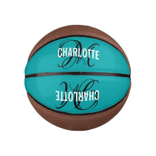 Modern teal script monogram name mini basketball