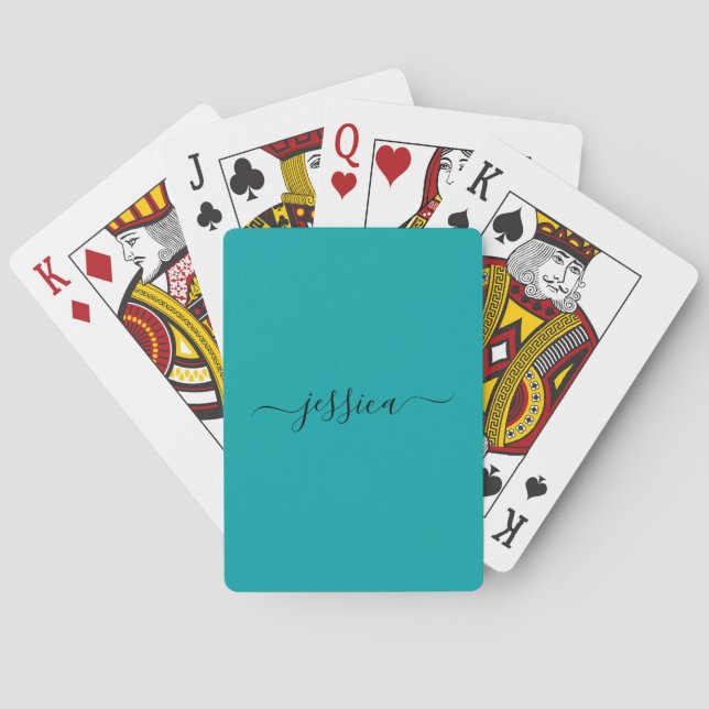 Modern teal script name playing cards (Back)