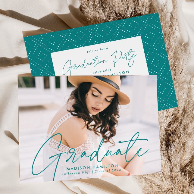 Modern Teal Script Photo Graduation Party Invitation (Creator Uploaded)