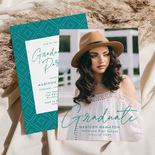 Modern Teal Script Photo Graduation Party Invitation