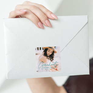 Modern Teal Script Photo Graduation Square Sticker