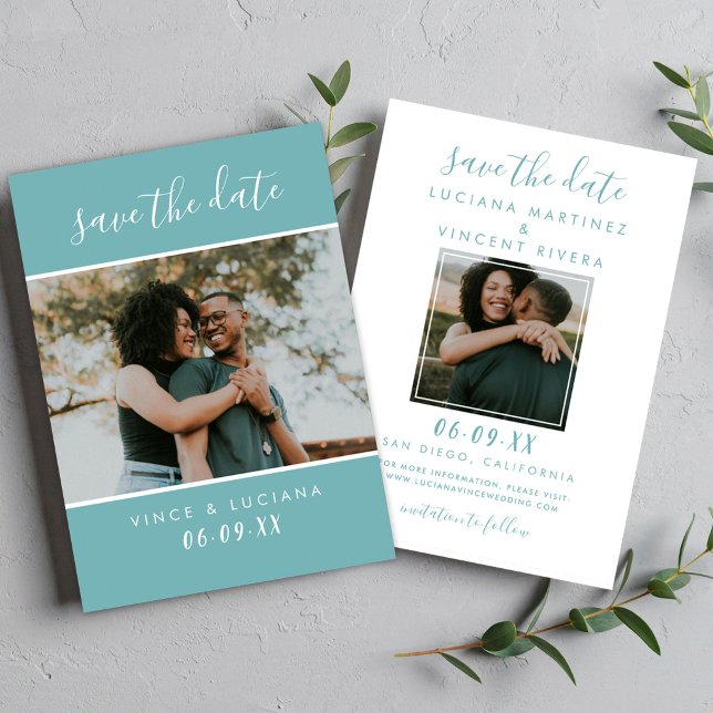 Modern Teal Script Photo Wedding Save The Date (Creator Uploaded)