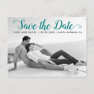Modern teal script wedding Save the Date photo Postcard