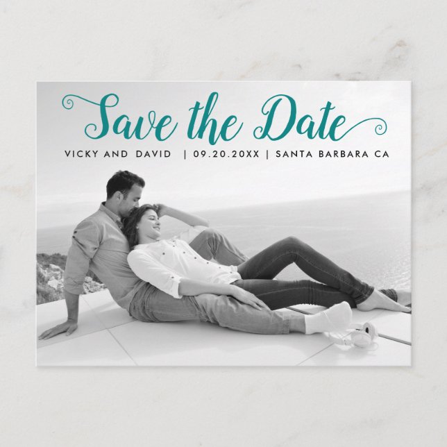 Modern teal script wedding Save the Date photo Postcard (Front)