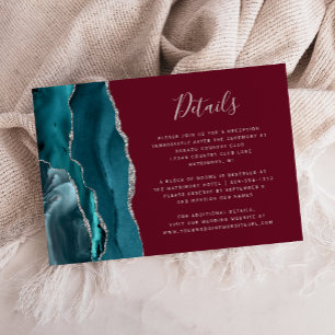 Modern Teal Silver Agate Burgundy Wedding Details Enclosure Card