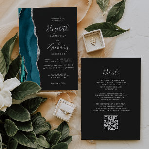 Modern Teal Silver Agate Dark QR Code Wedding Invitation