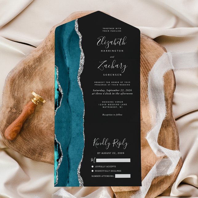Modern Teal Silver Agate Dark Wedding All In One Invitation (Creator Uploaded)
