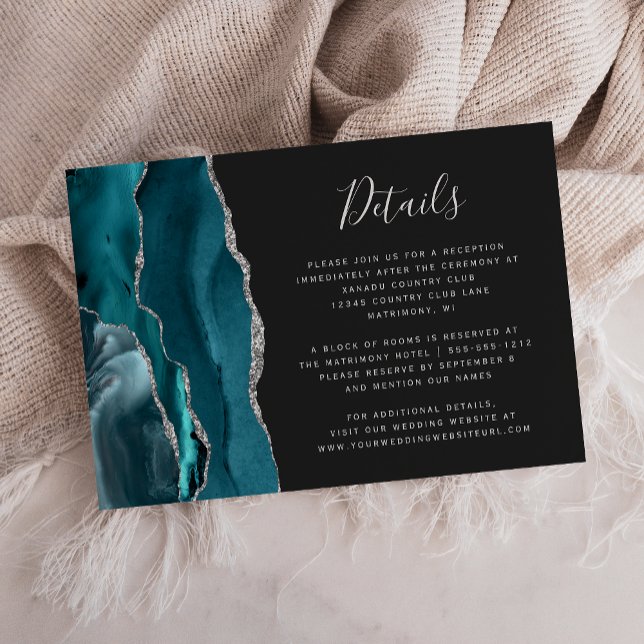 Modern Teal Silver Agate Dark Wedding Details Enclosure Card (Creator Uploaded)