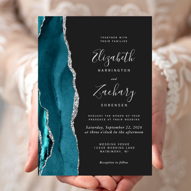 Modern Teal Silver Agate Dark Wedding Invitation (Creator Uploaded)