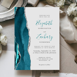Modern Teal Silver Agate Grey Wedding Invitation