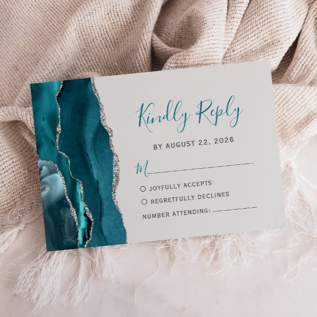 Modern Teal Silver Agate Grey Wedding RSVP Card (Creator Uploaded)
