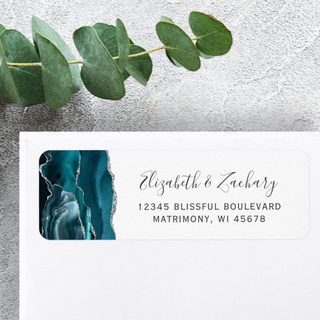 Modern Teal Silver Agate Wedding Return Address Label (Creator Uploaded)