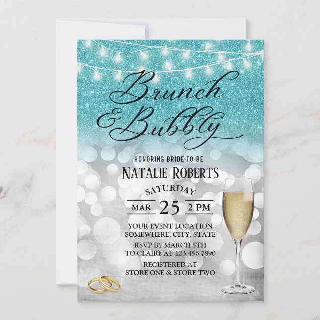 Modern Teal & Silver Brunch & Bubbly Bridal Shower Invitation (Front)