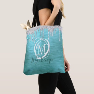 Modern Teal Silver Glitter Drip Metallic Monogram Tote Bag