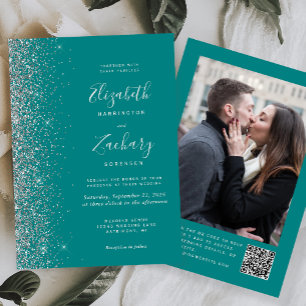 Modern Teal Silver Glitter Photo QR Code Wedding Invitation