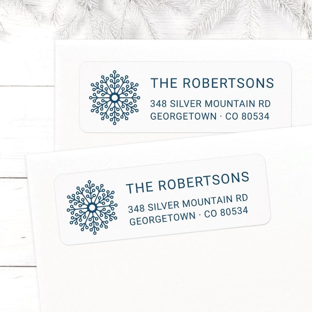 Modern Teal Snowflake Christmas Return Address Label (Modern, elegant Snowflake Christmas return address labels in teal blue with family name.)