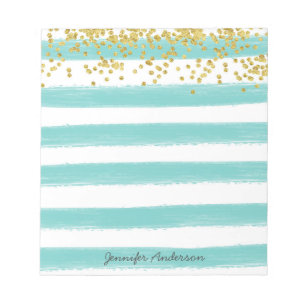 Modern Teal Stripe Gold Confetti Personalise Notepad