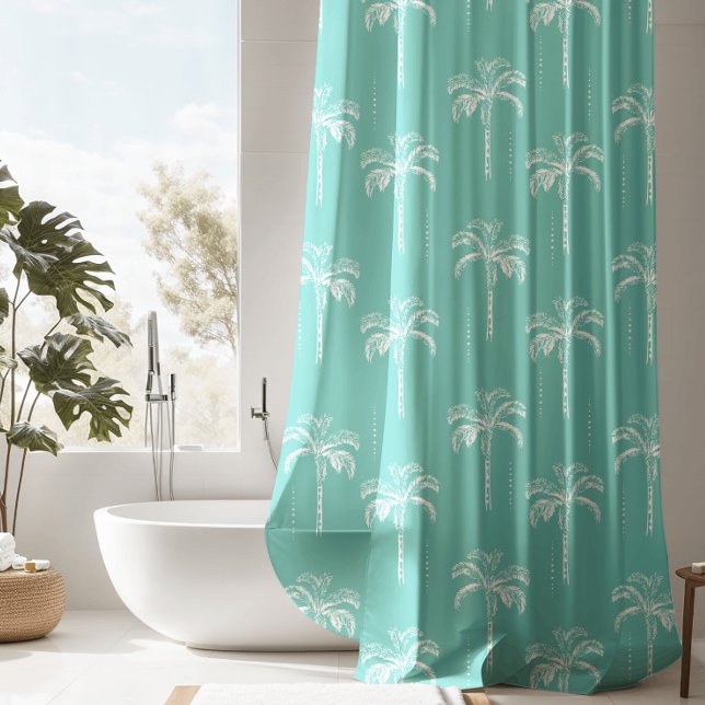 Modern Teal Tropical Palm Tree Pattern Shower Curtain (Creator Uploaded)