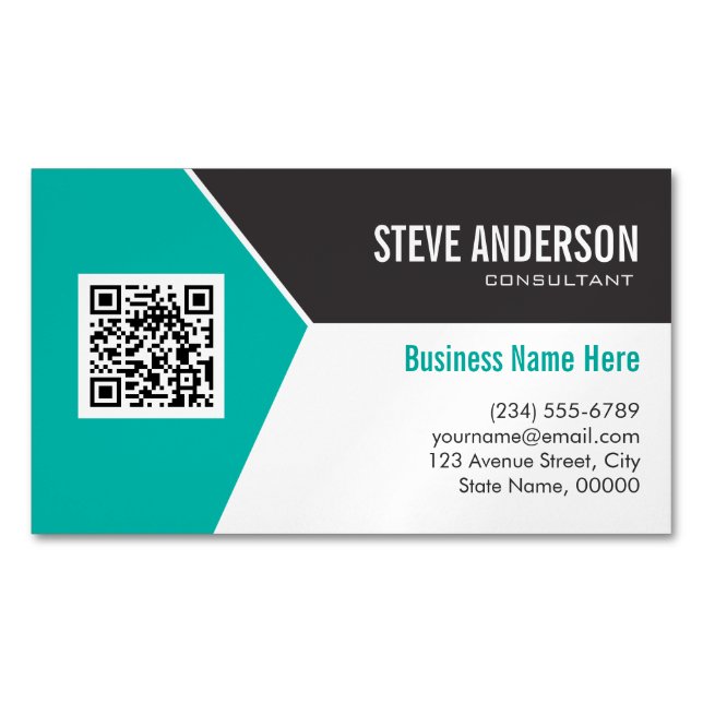 Modern Teal Turquoise Corporate QR Code Logo Magnetic Business Card (Front)