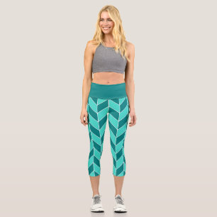 Modern Teal Turquoise Herringbone Chevron Pattern Capri Leggings