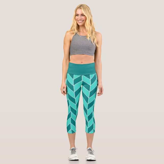 Modern Teal Turquoise Herringbone Chevron Pattern Capri Leggings (Front)