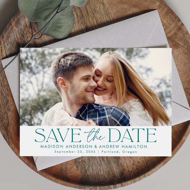 Modern Teal Typography Horizontal Photo Save The Date (Creator Uploaded)