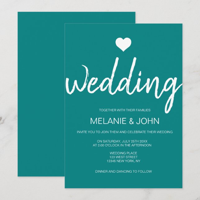 Modern Teal Typography Minimal Wedding Invitation (Front/Back)