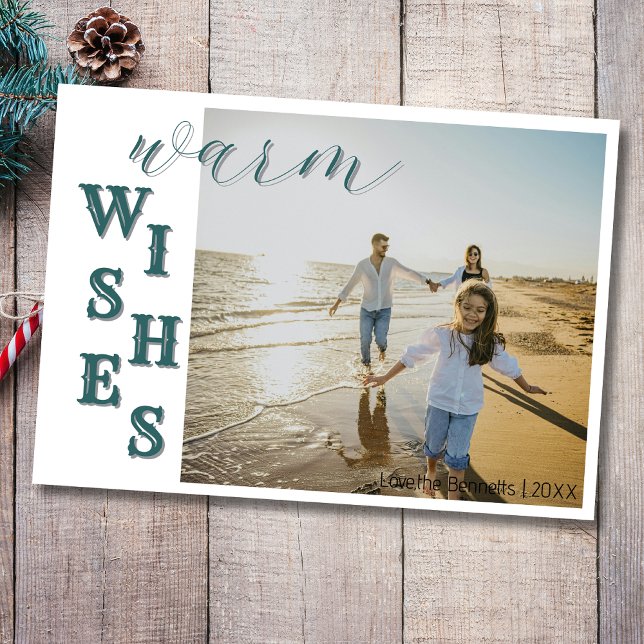 Modern Teal Warm Wishes Two Beach Family Photo Holiday Card (Creator Uploaded)