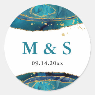 Modern Teal Watercolor Gold Agate Personalised Classic Round Sticker
