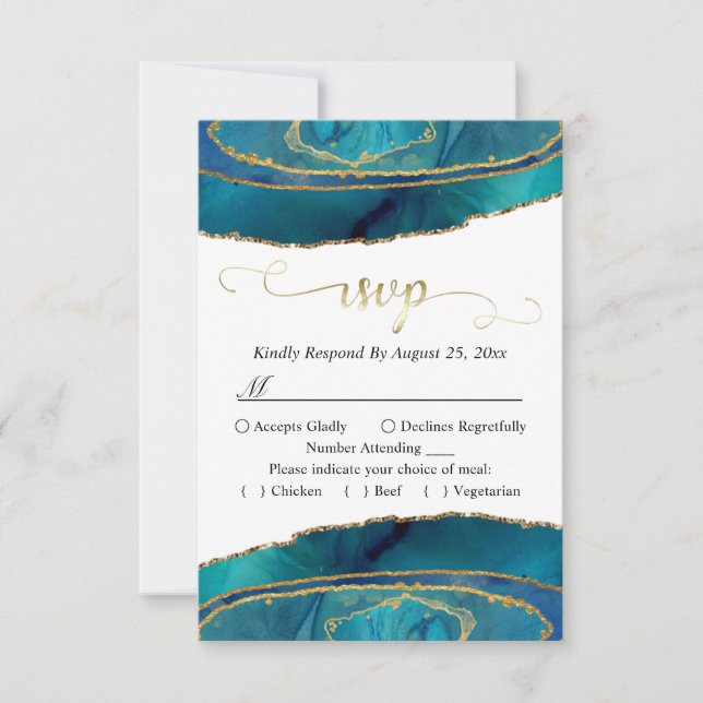 Modern Teal Watercolor Gold Agate RSVP Card (Front)