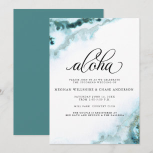 Modern Teal Watercolor Moss Agate Aloha Invitation