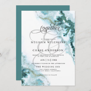 Modern Teal Watercolor Moss Agate BarefootBride™ Invitation