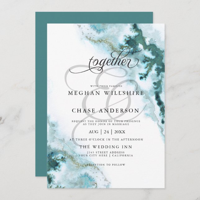 Modern Teal Watercolor Moss Agate BarefootBride™ Invitation (Front/Back)