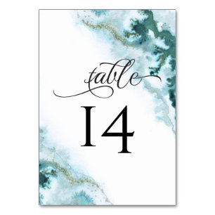 Modern Teal Watercolor Moss Agate BarefootBride™ Table Number