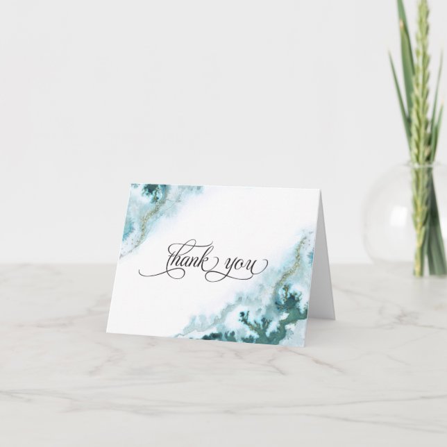 Modern Teal Watercolor Moss Agate BarefootBride™ Thank You Card (Front)