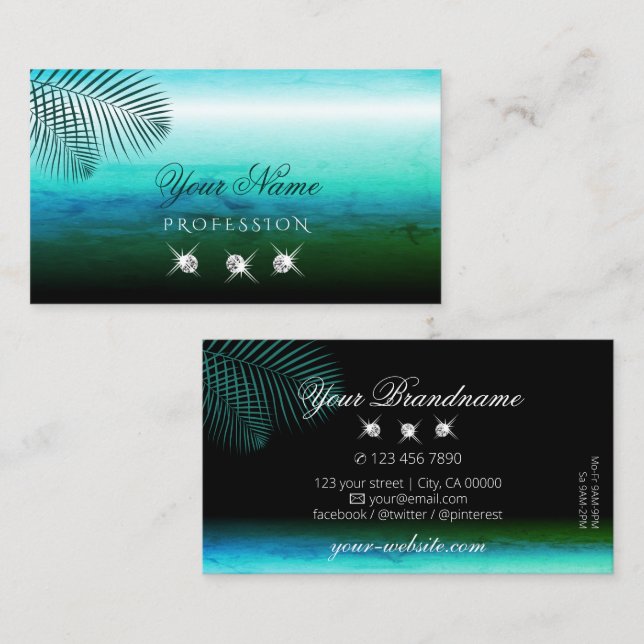 Modern Teal Watercolor Palm Leaves Jewels Stylish Business Card (Front/Back)