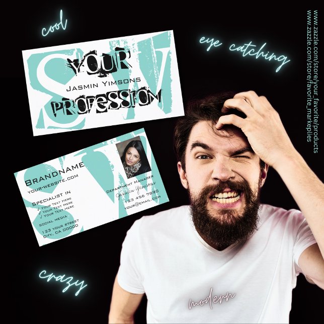 Modern Teal White Black with Photo and Monogram Business Card (Creator Uploaded)