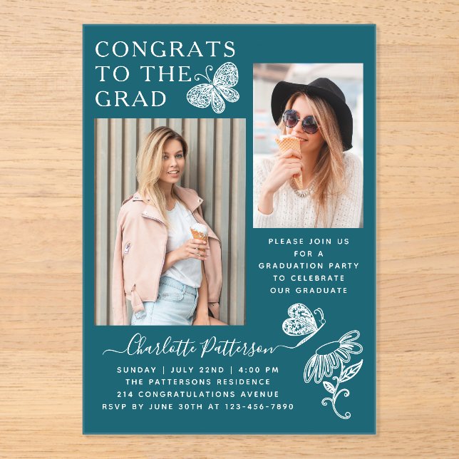Modern Teal White Butterfly Photo Graduation Party Acrylic Invitations (Front)