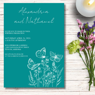 Modern Teal & White Butterfly Wedding  Invitation