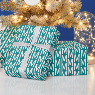 Modern teal white custom monogram initial pattern wrapping paper