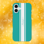 Modern Teal White Racing Stripes Monogrammed Chic iPhone 16 Plus Case<br><div class="desc">Create your own custom, personalised, cool, classy, stylish, classic, teal and white racing stripes design, faux gold typography / script monogram, chic, trendy, ultra slim fit, lightweight, high-quality polycarbonate, protective, most economical Apple iPhone case. To customise, simply type in your name / monogram / initials. A beautiful iPhone case, makes...</div>