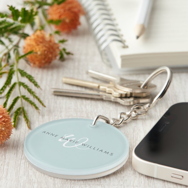 Modern Teal White Script Monogram Key Ring (Front Right)