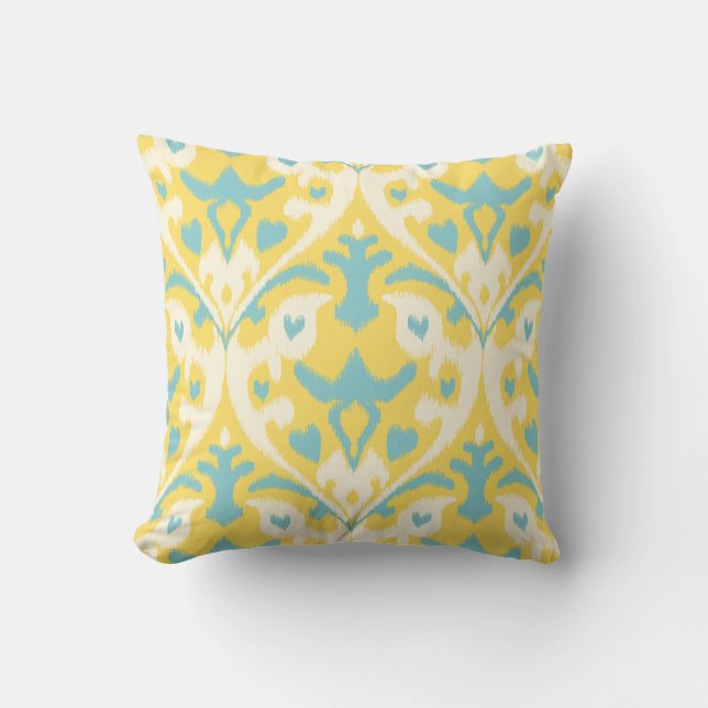 Modern teal yellow girly ikat tribal pattern cushion (Front)