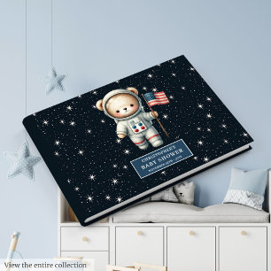 Modern Teddy Bear Astronaut Boy Baby Shower Log Guest Book
