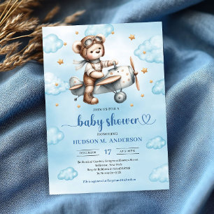 Modern Teddy Bear Pilot Blue Brown Boy Shower   Invitation