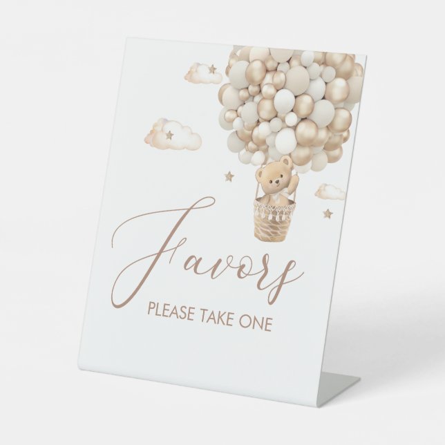 Modern teddy bear watercolor baby shower favours pedestal sign (Front)