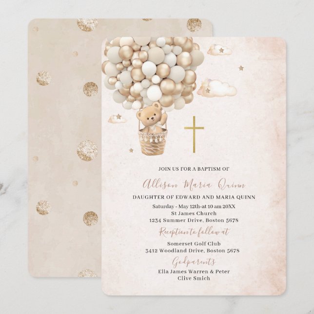 Modern Teddy Bear Watercolor Baptism Invitation (Front/Back)