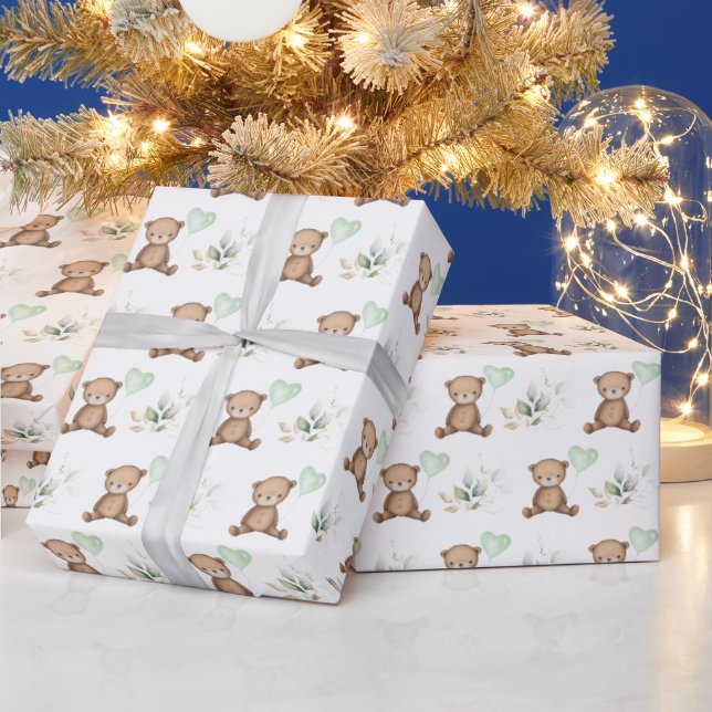 Modern Teddy Bear with Balloon & Greenery Party Wrapping Paper (Holidays)